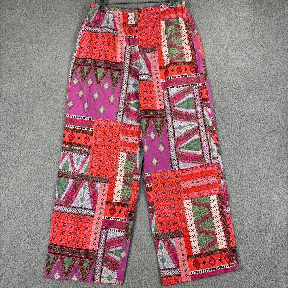 VTG 90s 100% Silk Wide Leg Pant 10 Patchwork Boho Hippie Festival Artsy Retro